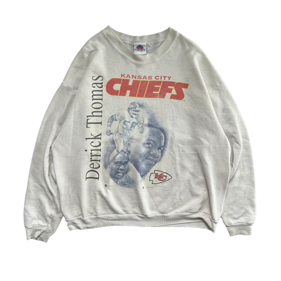 WESTSIDE STOREY VINTAGE | VINTAGE 90S KC CHIEFS DERRICK THOMAS SHADOW SWEATSHIRT WELL WORN- WHITE - Westside Storey