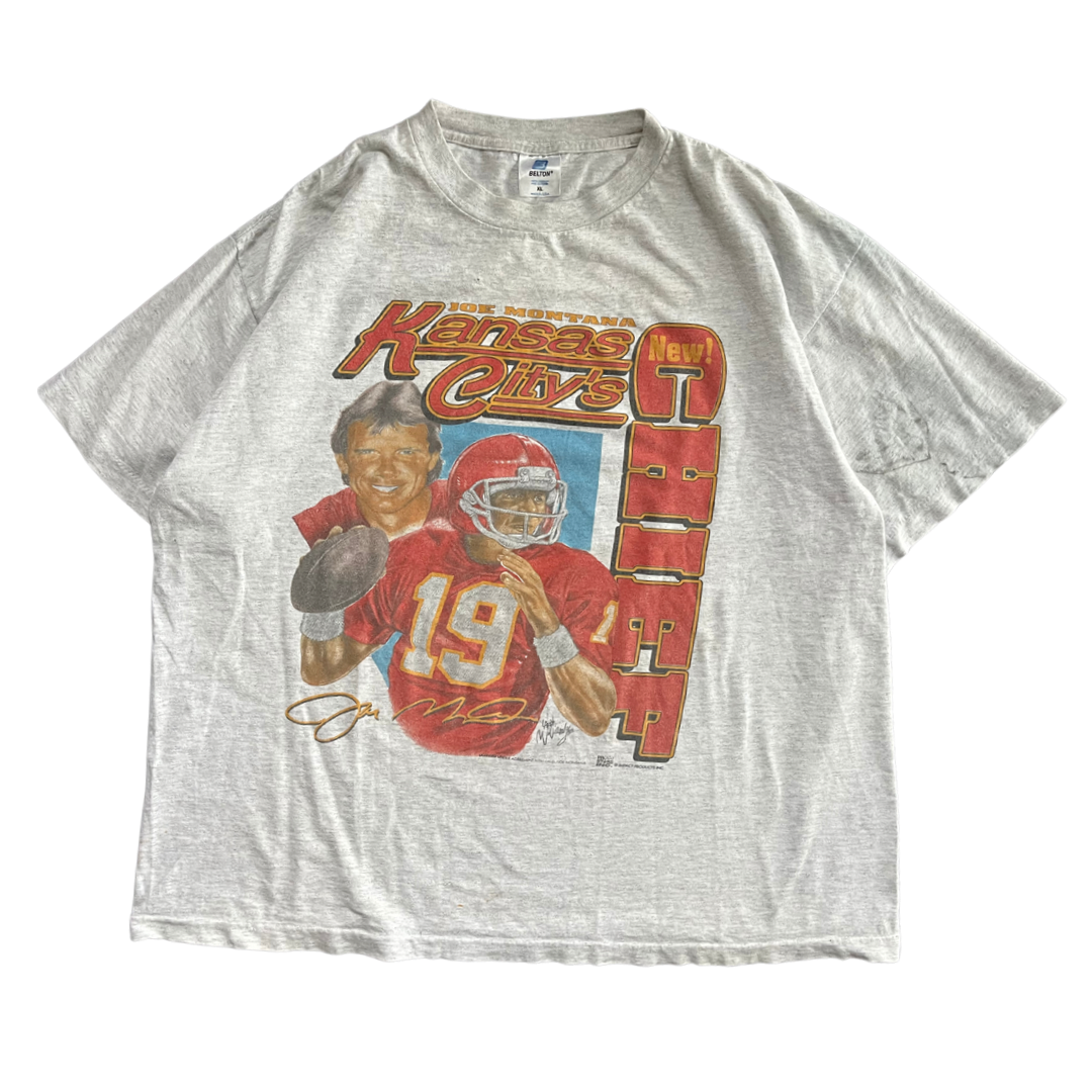 WESTSIDE STOREY VINTAGE | VINTAGE 90S KC CHIEFS JOE MONTANA CHARACTER T-SHIRT - GRAY - Westside Storey