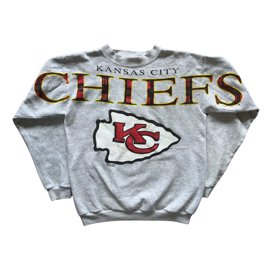 WESTSIDE STOREY VINTAGE | VINTAGE 90S CLIFF ENGLE KC CHIEFS PLAID SPELLOUT SWEATSHIRT- GREY - Westside Storey