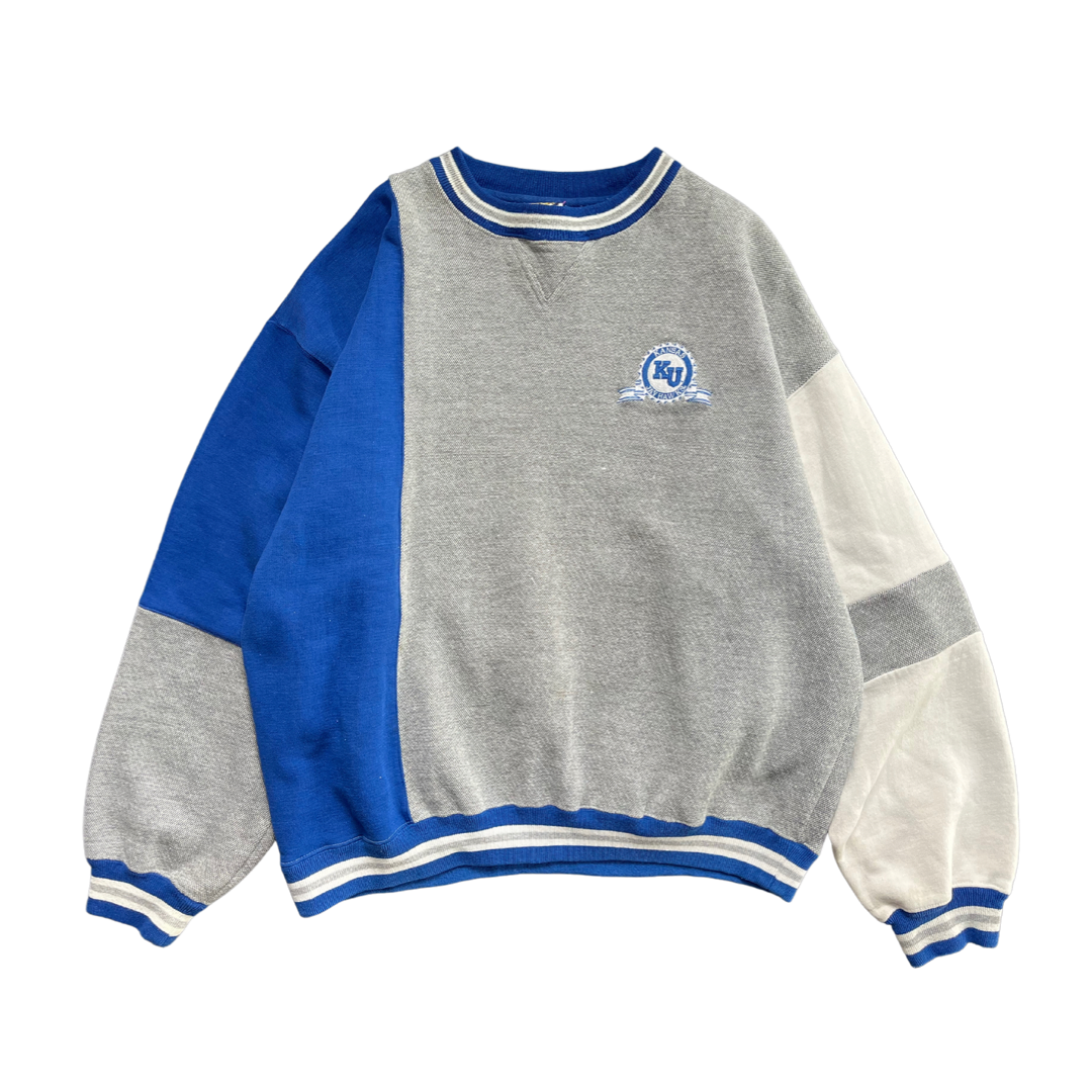 WESTSIDE STOREY VINTAGE | VINTAGE 90S KU JAYHAWKS HEAVY COLOR BLOCK GREY/BLUE/WHITE SWEATSHIRT - Westside Storey
