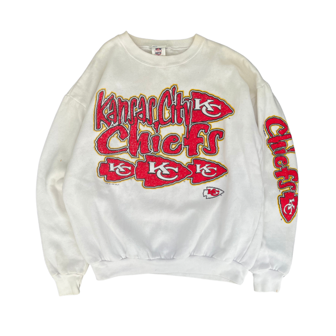 WESTSIDE STOREY VINTAGE | VINTAGE 90S CLIFF ENGLE GRAFFITI RARE KC CHIEFS SWEATSHIRT- WHITE - Westside Storey