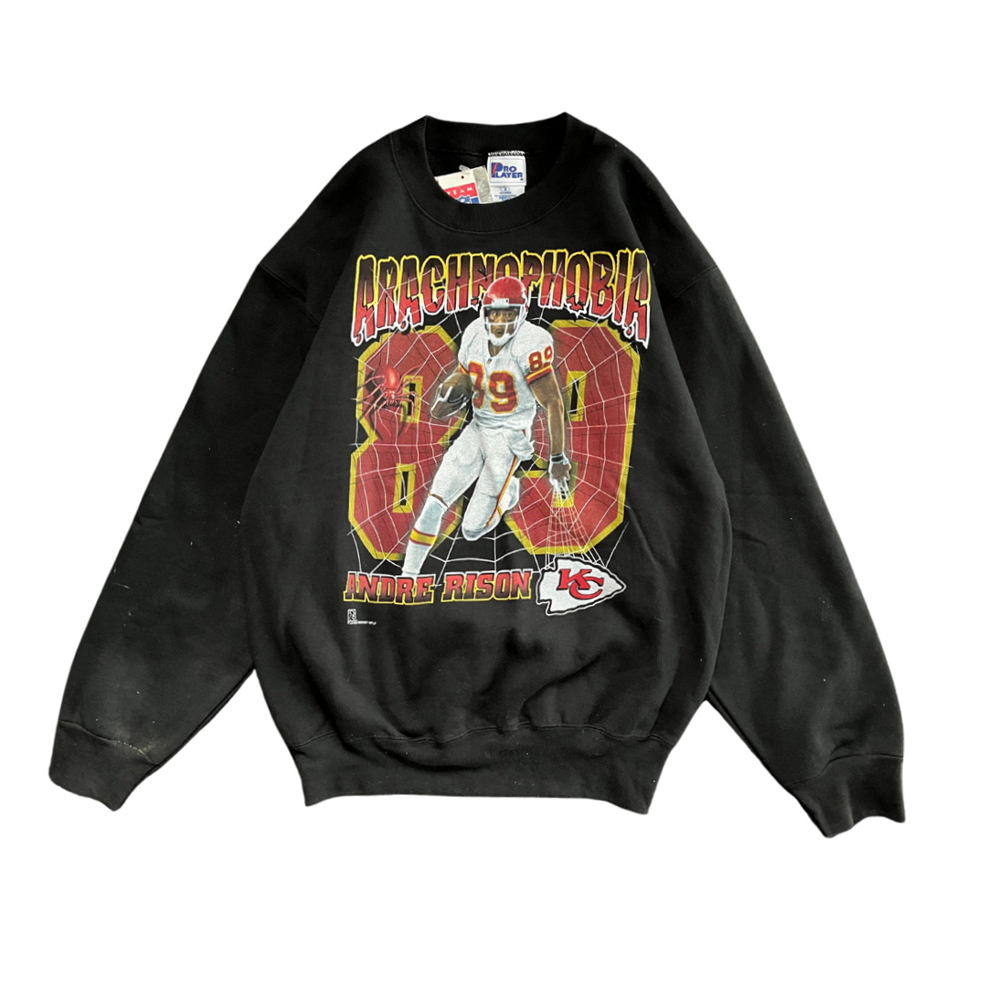WESTSIDE STOREY VINTAGE | VINTAGE 90S PRO PLAYER ANDRE RISON SPIDERMAN KC CHIEFS DEADSTOCK SWEATSHIRT- BLACK - Westside Storey
