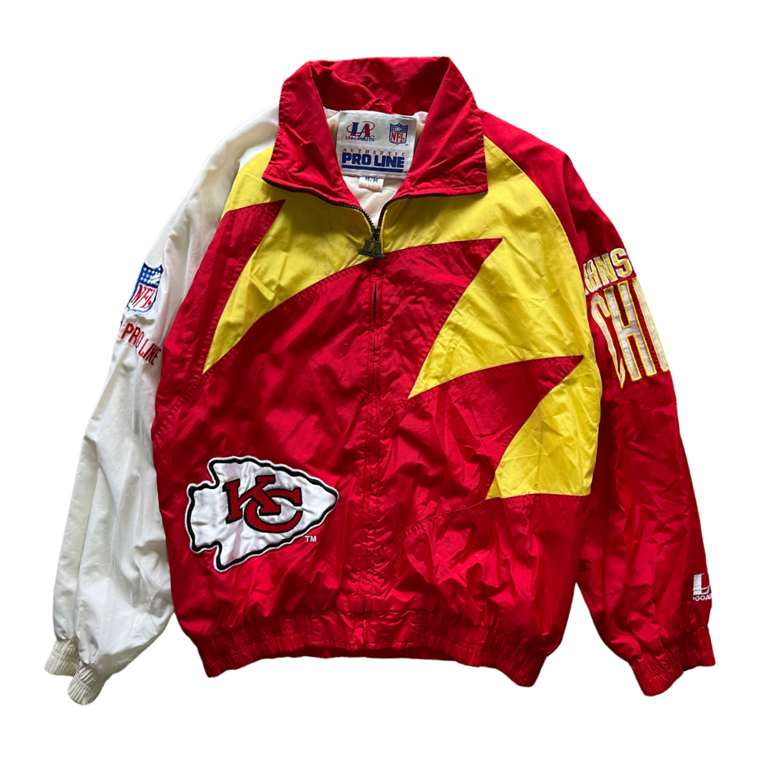 WESTSIDE STOREY VINTAGE | VINTAGE 90S PROLINE SHARKTOOTH KC CHIEFS WINDBREAKER JACKET - RED/YELLOW (AS-IS) - Westside Storey