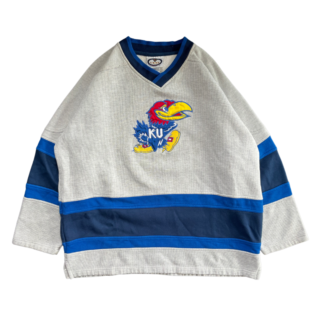 WESTSIDE STOREY VINTAGE | VINTAGE 90S KU JAYHAWKS HOCKEY STYLE GREY/BLUE SWEATSHIRT - Westside Storey