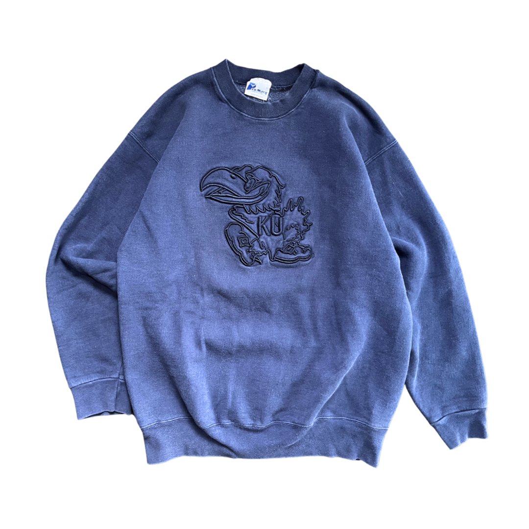 WESTSIDE STOREY VINTAGE | VINTAGE 90S KU JAYHAWKS EMBOSSED NAVY SWEATSHIRT - Westside Storey