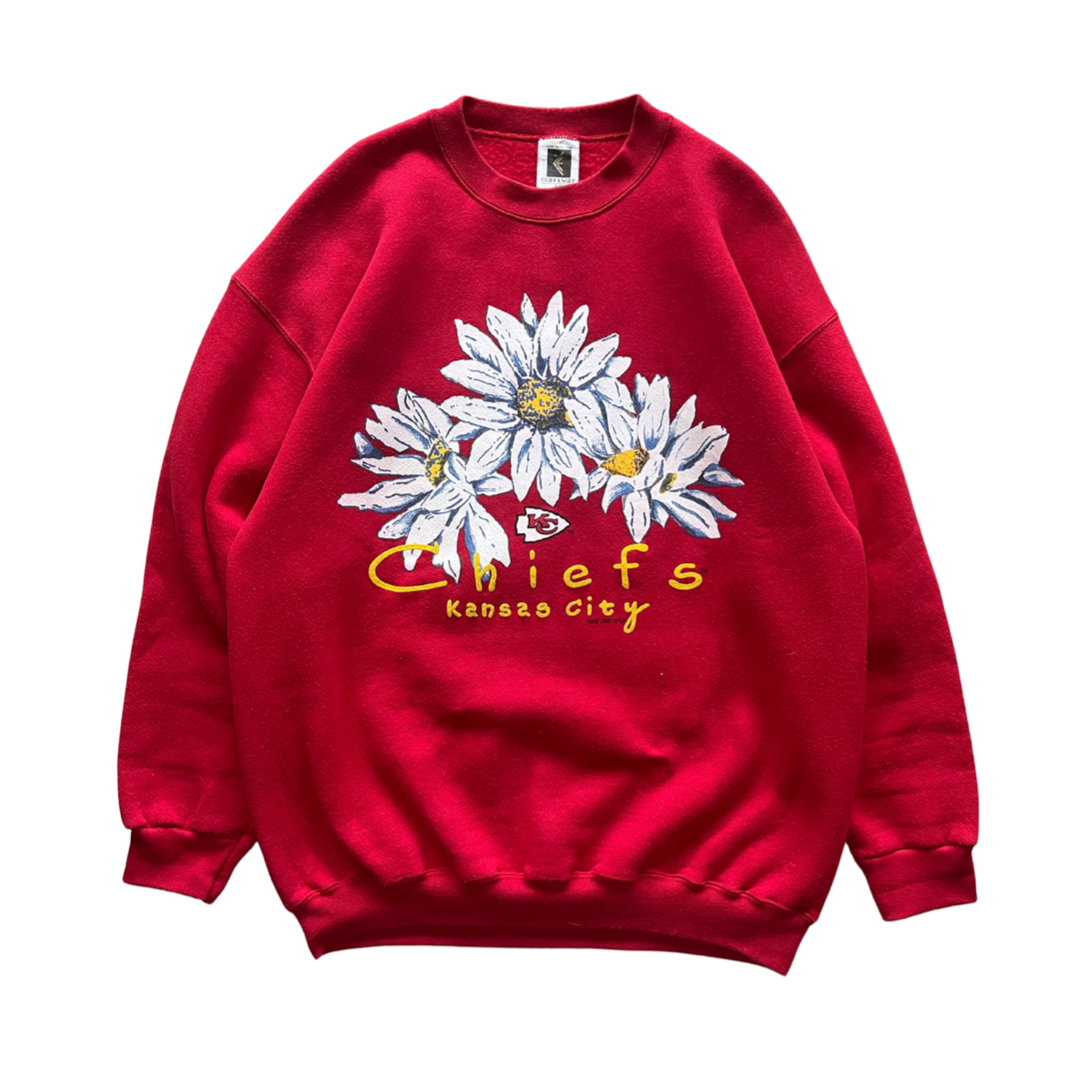 WESTSIDE STOREY VINTAGE | VINTAGE 90S CLIFF ENGLE KC CHIEFS SUNFLOWER SWEATSHIRT- RED - Westside Storey