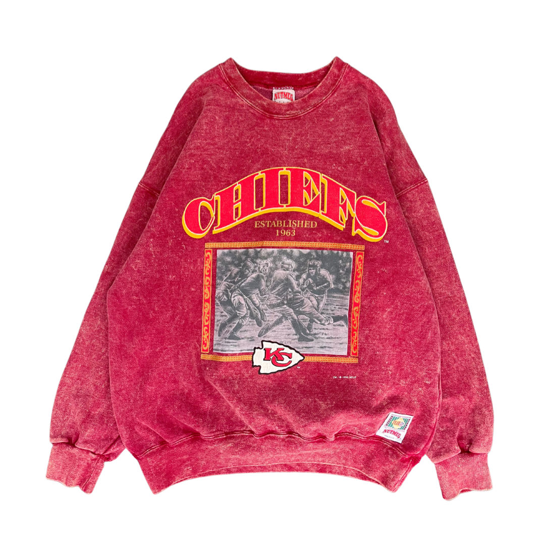 WESTSIDE STOREY VINTAGE | VINTAGE 90S RARE NUTMEG ACID WASH KC CHIEFS SWEATSHIRT- RED - Westside Storey