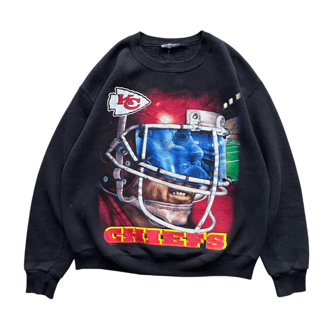 WESTSIDE STOREY VINTAGE | VINTAGE 90S NUTMEG HELMET GRAPHIC KC CHIEFS SWEATSHIRT - BLACK - Westside Storey