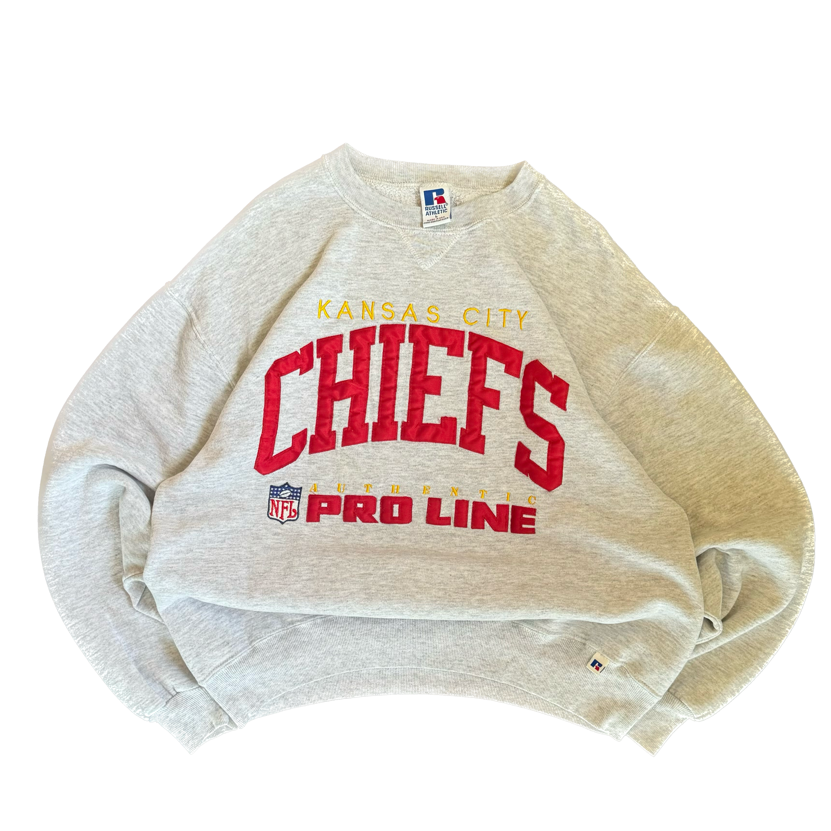 WESTSIDE STOREY VINTAGE | VINTAGE 90'S KC CHIEFS RUSSELL PATCH SWEATSHIRT - GRAY - Westside Storey