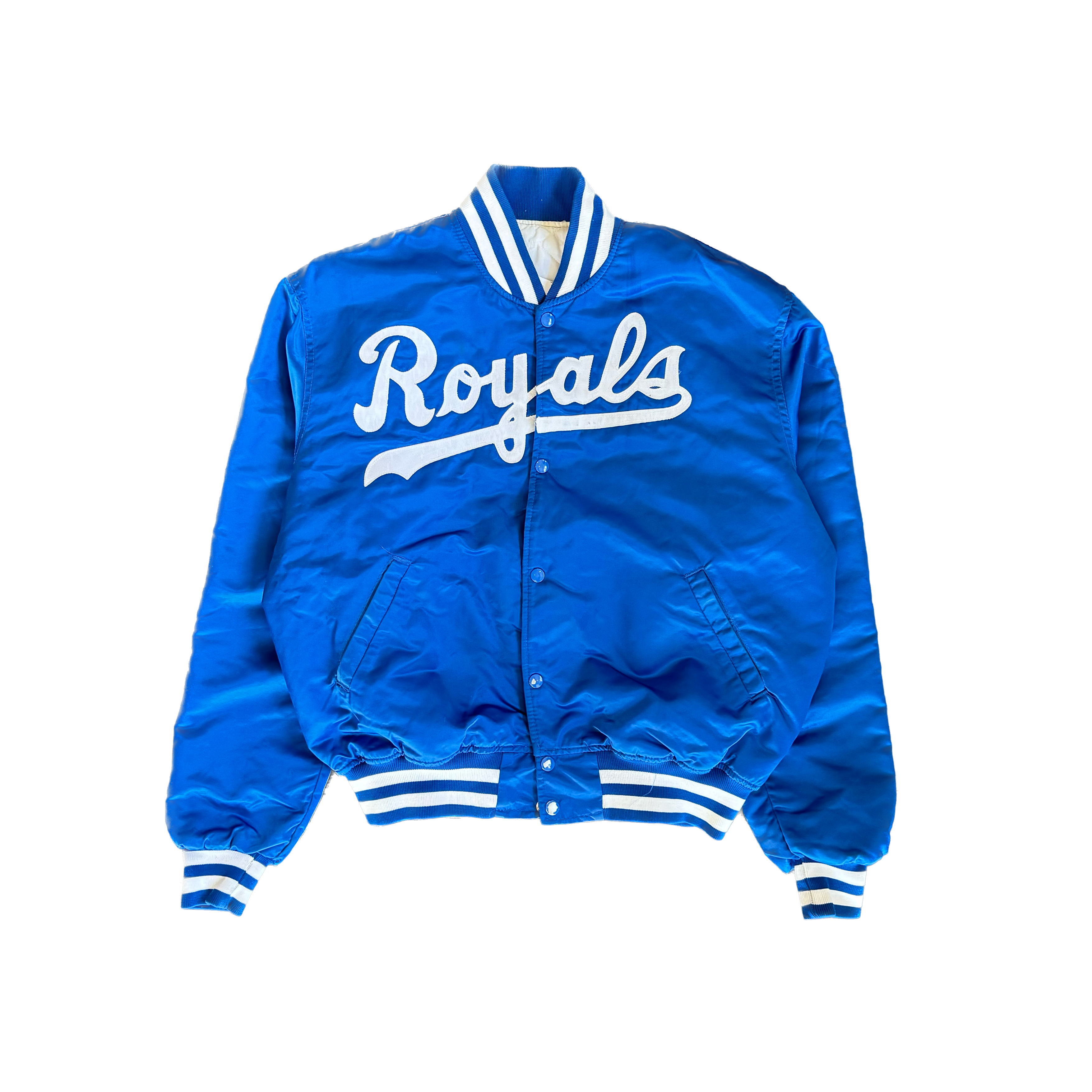 WESTSIDE STOREY VINTAGE | VINTAGE 90'S KC ROYALS STARTER DIAMOND COLLECTION SATIN BOMBER JACKET - BLUE - Westside Storey