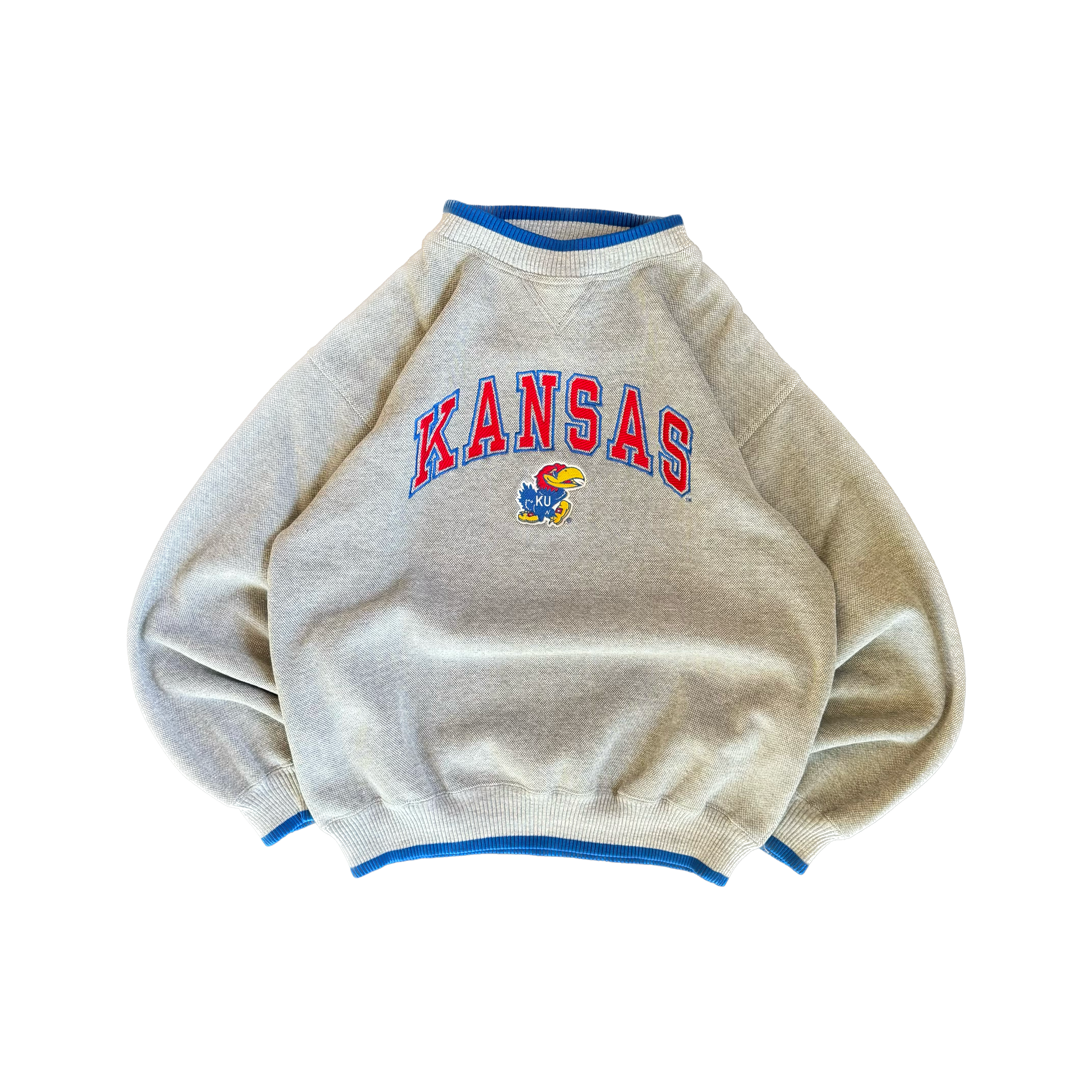 WESTSIDE STOREY VINTAGE | VINTAGE 90S LOGO ATHLETIC SPECKLE GRAY KANSAS JAYHAWKS SWEATSHIRT - GRAY - Westside Storey