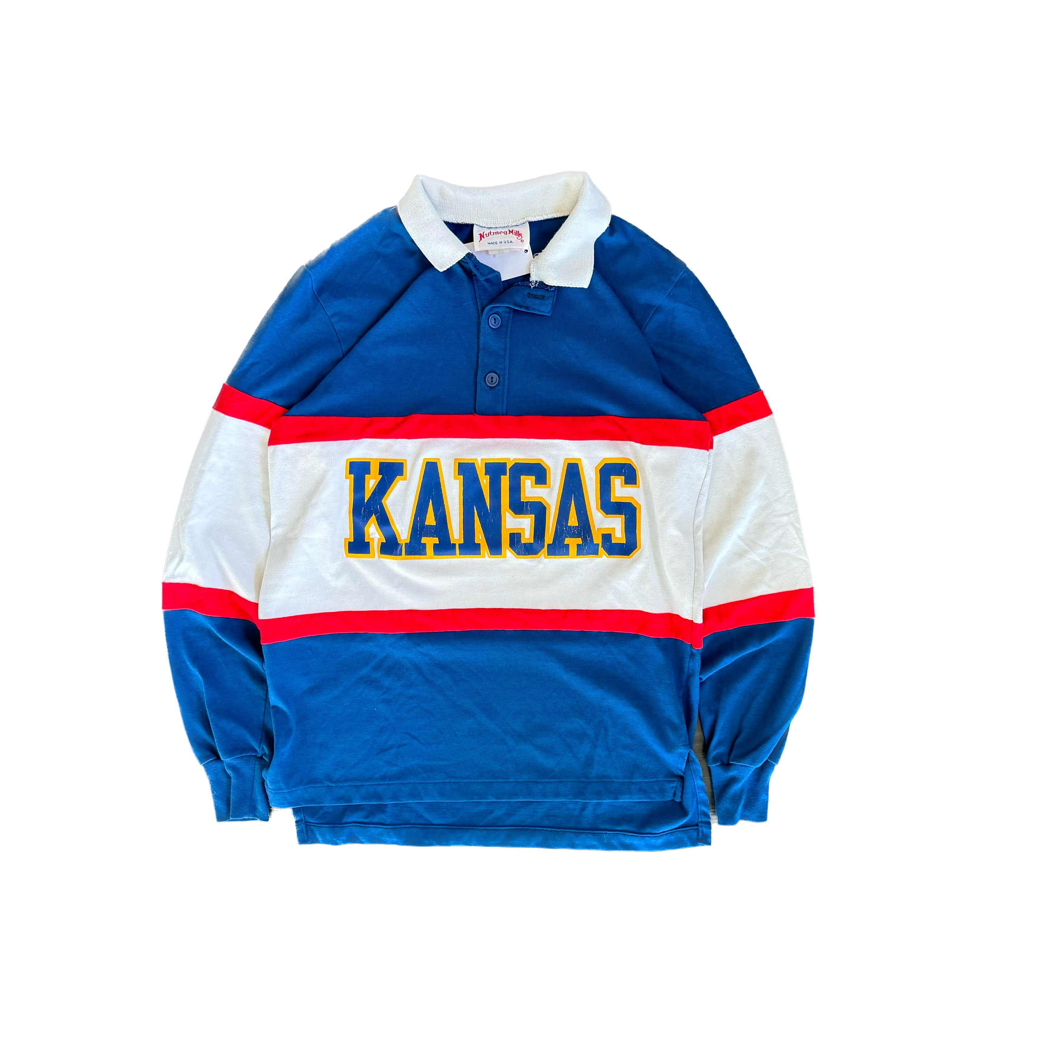 WESTSIDE STOREY VINTAGE | VINTAGE 70'S-80'S NUTMEG KANSAS JAYHAWKS RUGBY POLO - BLUE - Westside Storey