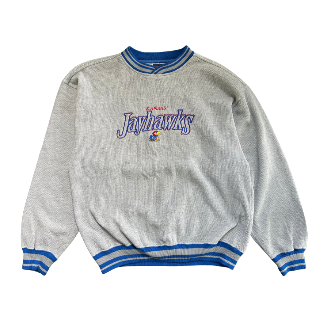 WESTSIDE STOREY VINTAGE | VINTAGE 90S KU JAYHAWKS GREY SPECKLE RIBBED COLLAR SWEATSHIRT - Westside Storey