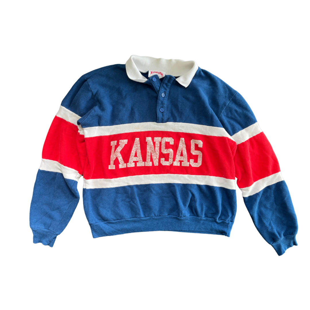 WESTSIDE STOREY VINTAGE | VINTAGE 80S KU JAYHAWKS NUTMEG POLO SWEATSHIRT- AS IS - Westside Storey