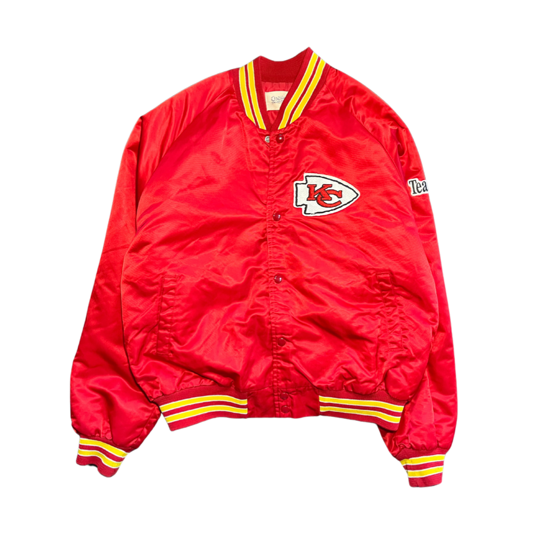 WESTSIDE STOREY VINTAGE | VINTAGE 90S CHALKLINE LARGE SPELLOUT KC CHIEFS SATIN BOMBER - RED - Westside Storey