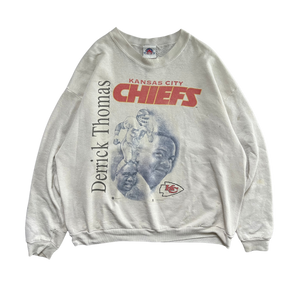 WESTSIDE STOREY VINTAGE | VINTAGE 90S KC CHIEFS DERRICK THOMAS SHADOW SWEATSHIRT WELL WORN- WHITE - Westside Storey
