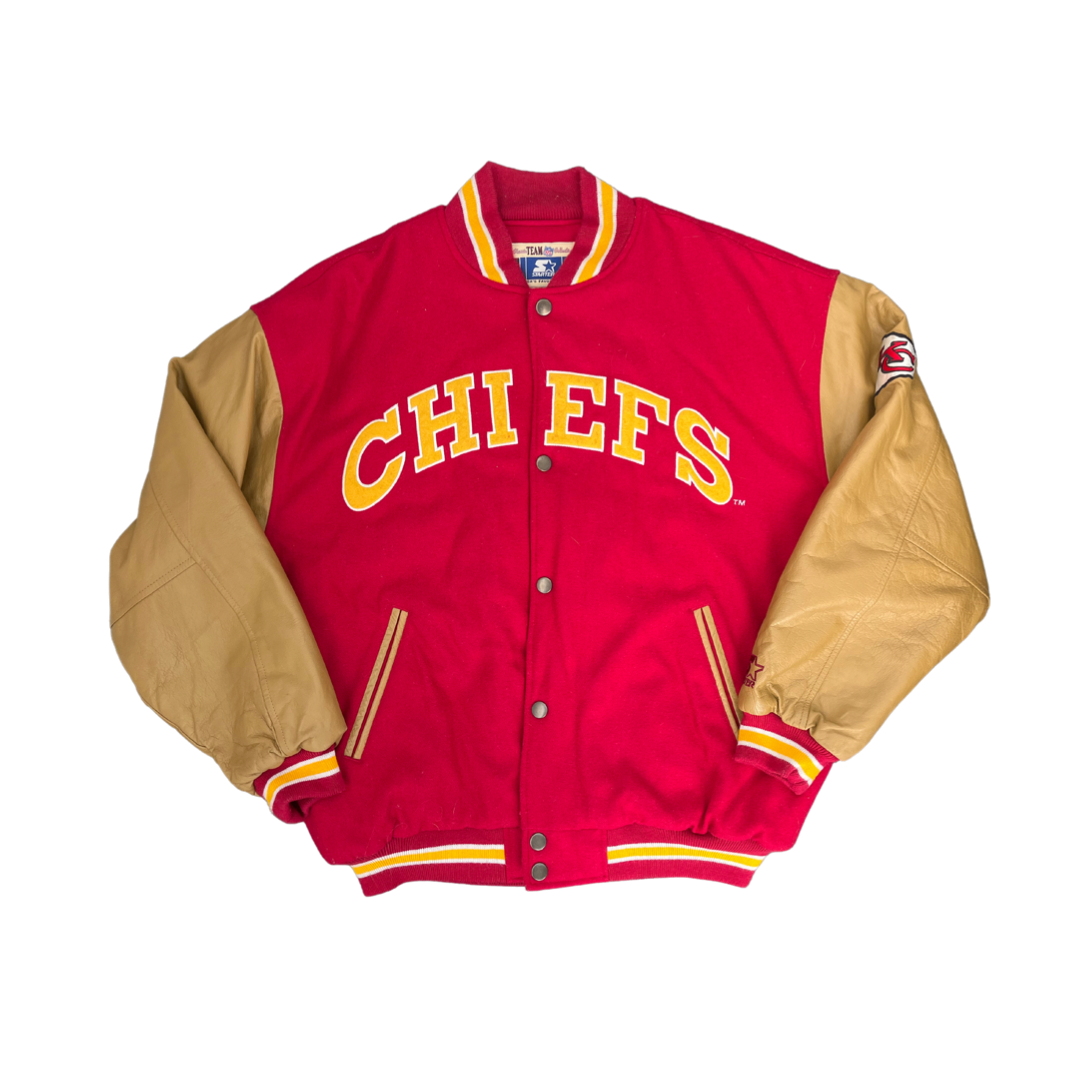 WESTSIDE STOREY VINTAGE | VINTAGE 90S STARTER KC CHIEFS LETTERMAN WOOL/LEATHER JACKET- RED/TAN - Westside Storey