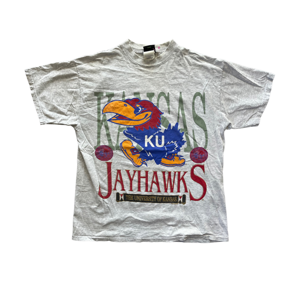WESTSIDE STOREY VINTAGE | VINTAGE 90S KANSAS JAYHAWKS KU ALL OVER PRINT T-SHIRT- GREY - Westside Storey