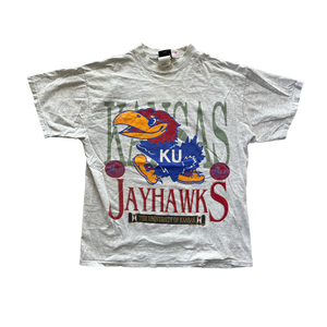 WESTSIDE STOREY VINTAGE | VINTAGE 90S KANSAS JAYHAWKS KU ALL OVER PRINT T-SHIRT- GREY - Westside Storey