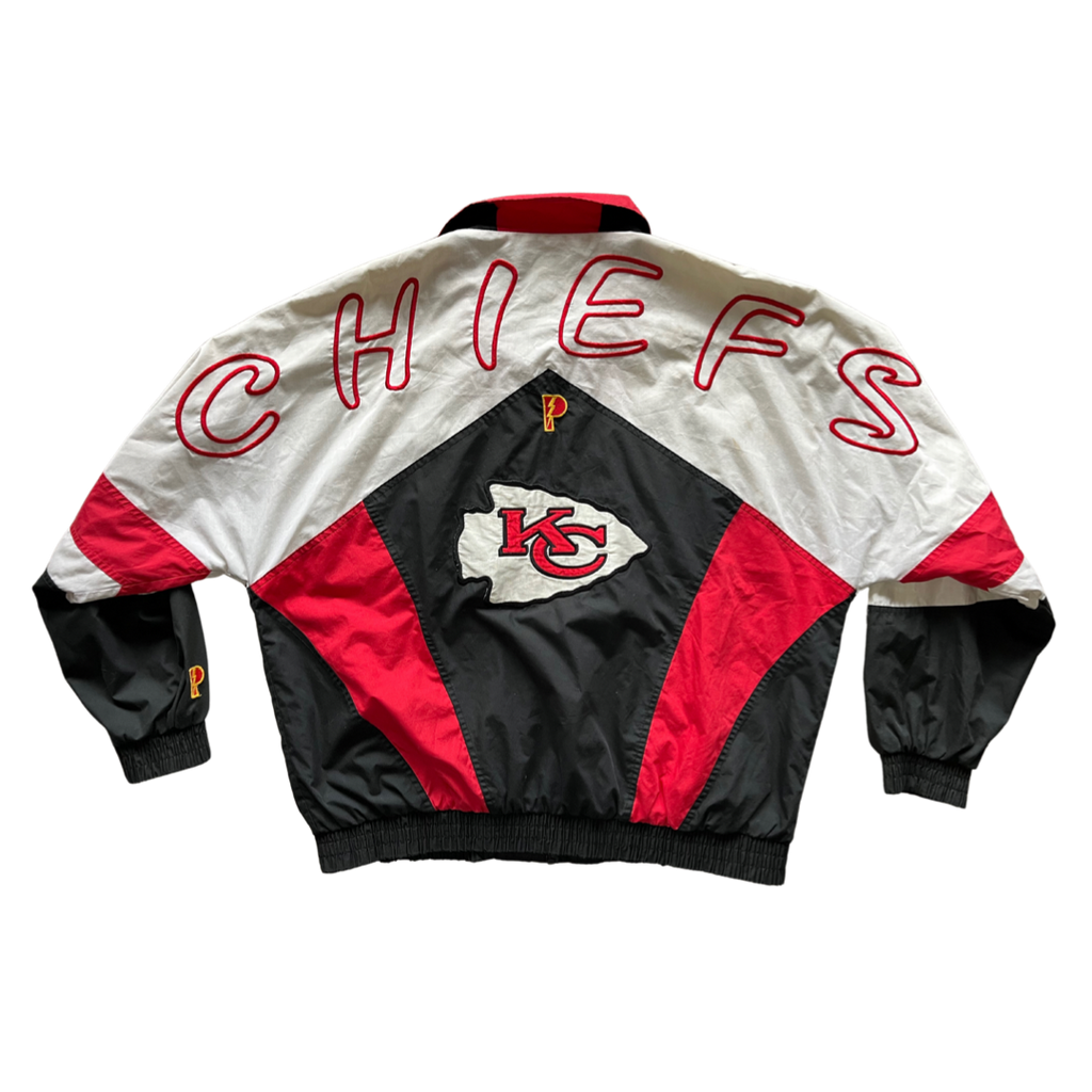 WESTSIDE STOREY VINTAGE | VINTAGE 90S KC CHIEFS EMBROIDERED SPELLOUT PROPLAYER WINDBREAKER JACKET - BLACK/WHITE - Westside Storey
