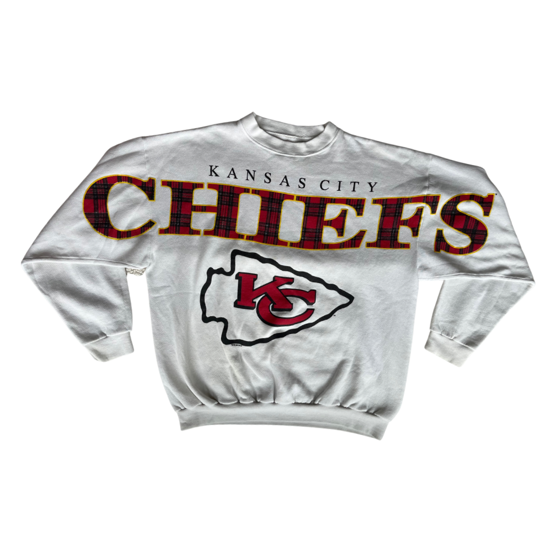 WESTSIDE STOREY VINTAGE | VINTAGE 90S LARGE PLAID SPELLOUT KC CHIEFS SWEATSHIRT - Westside Storey