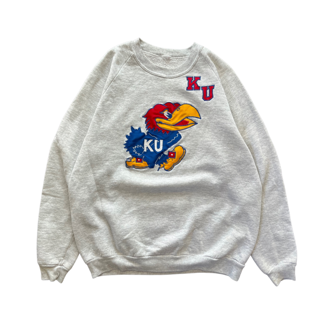 WESTSIDE STOREY VINTAGE | VINTAGE 90S KU JAYHAWKS PATCH SWEATSHIRT- GREY - Westside Storey
