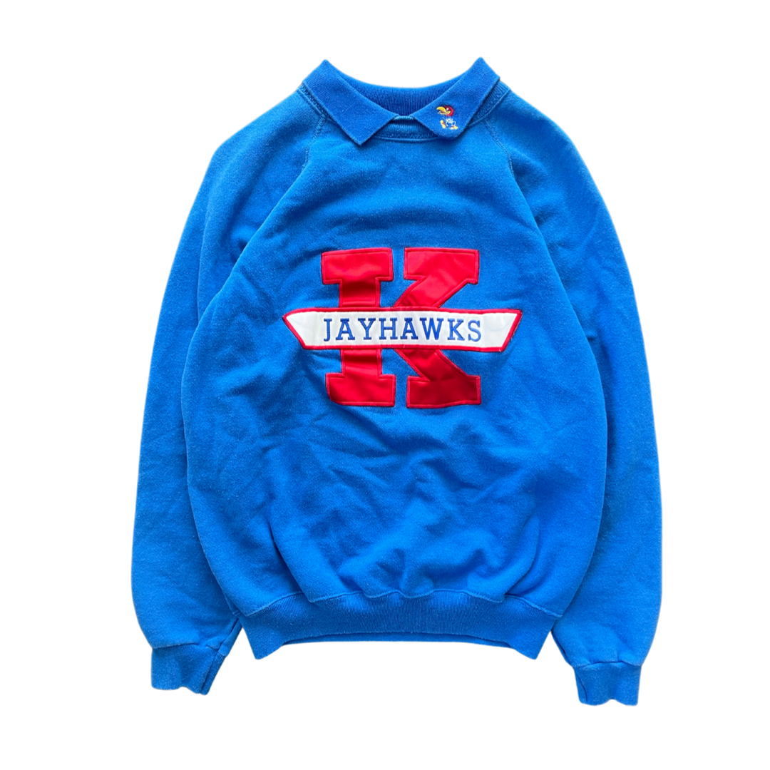 WESTSIDE STOREY VINTAGE | VINTAGE 90S BLOCK K JAYHAWKS KU COLLARED SWEATSHIRT- BLUE - Westside Storey