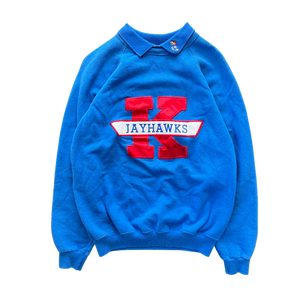 WESTSIDE STOREY VINTAGE | VINTAGE 90S BLOCK K JAYHAWKS KU COLLARED SWEATSHIRT- BLUE - Westside Storey
