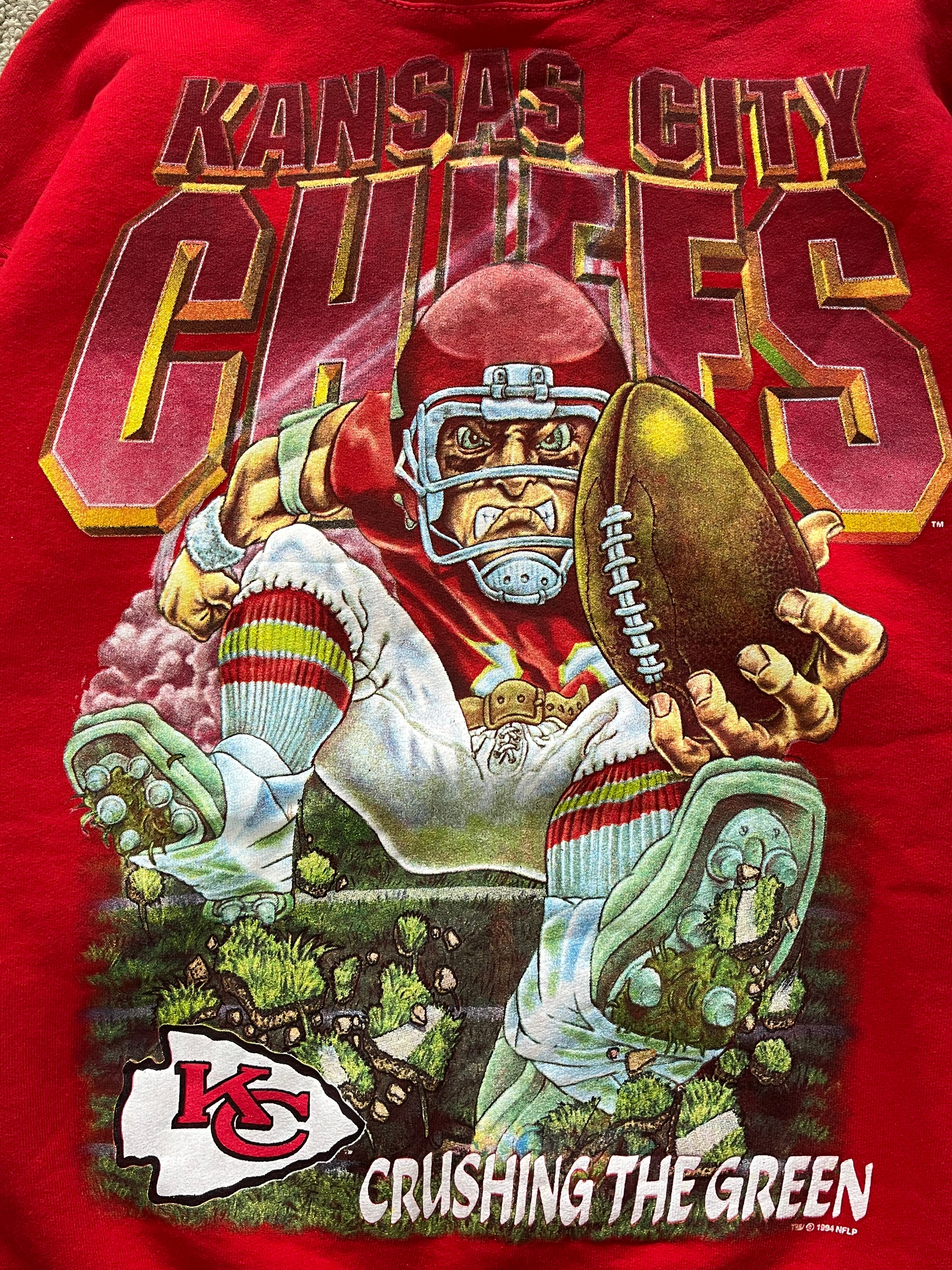 WESTSIDE STOREY VINTAGE | VINTAGE 1994 SALEM CRUSHING GREEN AOP HEAVY KC CHIEFS SWEATSHIRT - RED - Westside Storey