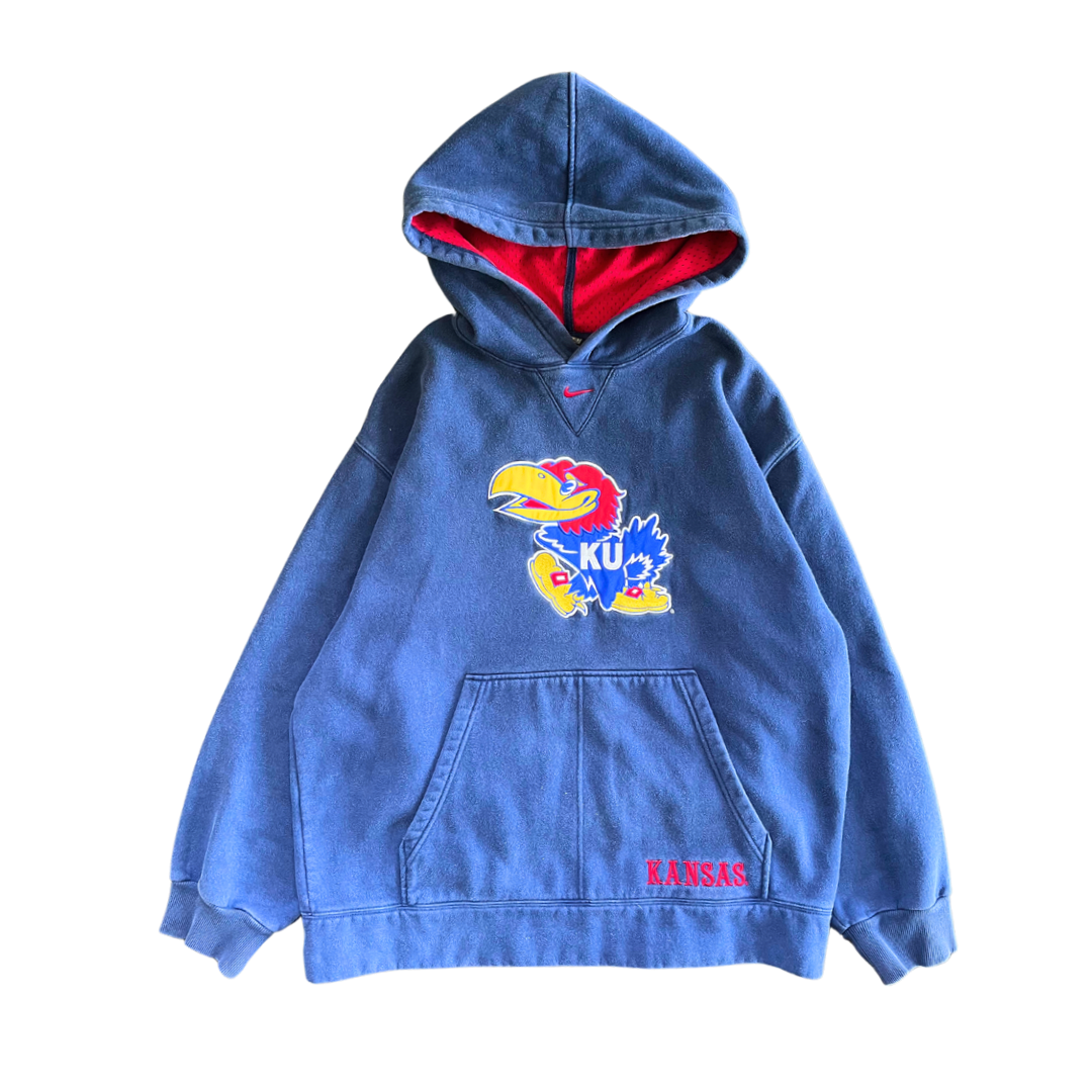 WESTSIDE STOREY VINTAGE | VINTAGE 90S KANSAS JAYHAWKS NIKE MIDDLE SWOOSH KU HOODIE - NAVY BLUE - Westside Storey