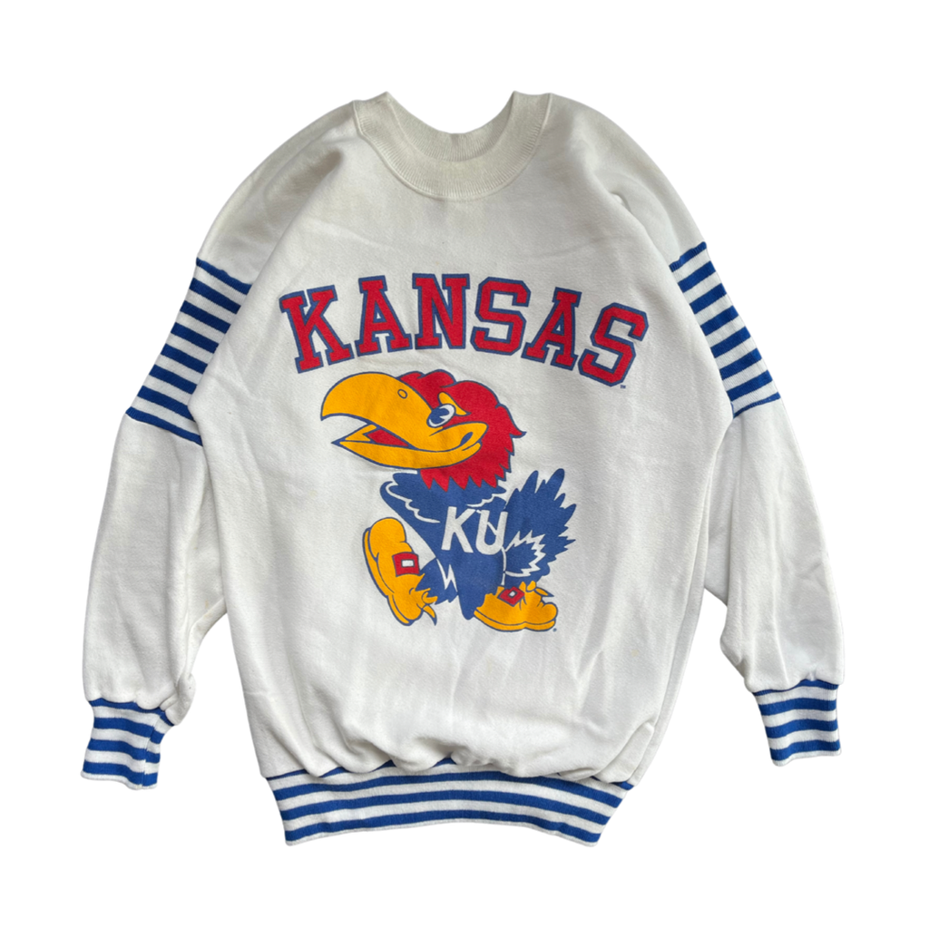 WESTSIDE STOREY VINTAGE | VINTAGE 80S KU JAYHAWKS STRIPED WHITE SWEATSHIRT - Westside Storey