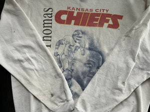 WESTSIDE STOREY VINTAGE | VINTAGE 90S KC CHIEFS DERRICK THOMAS SHADOW SWEATSHIRT WELL WORN- WHITE - Westside Storey