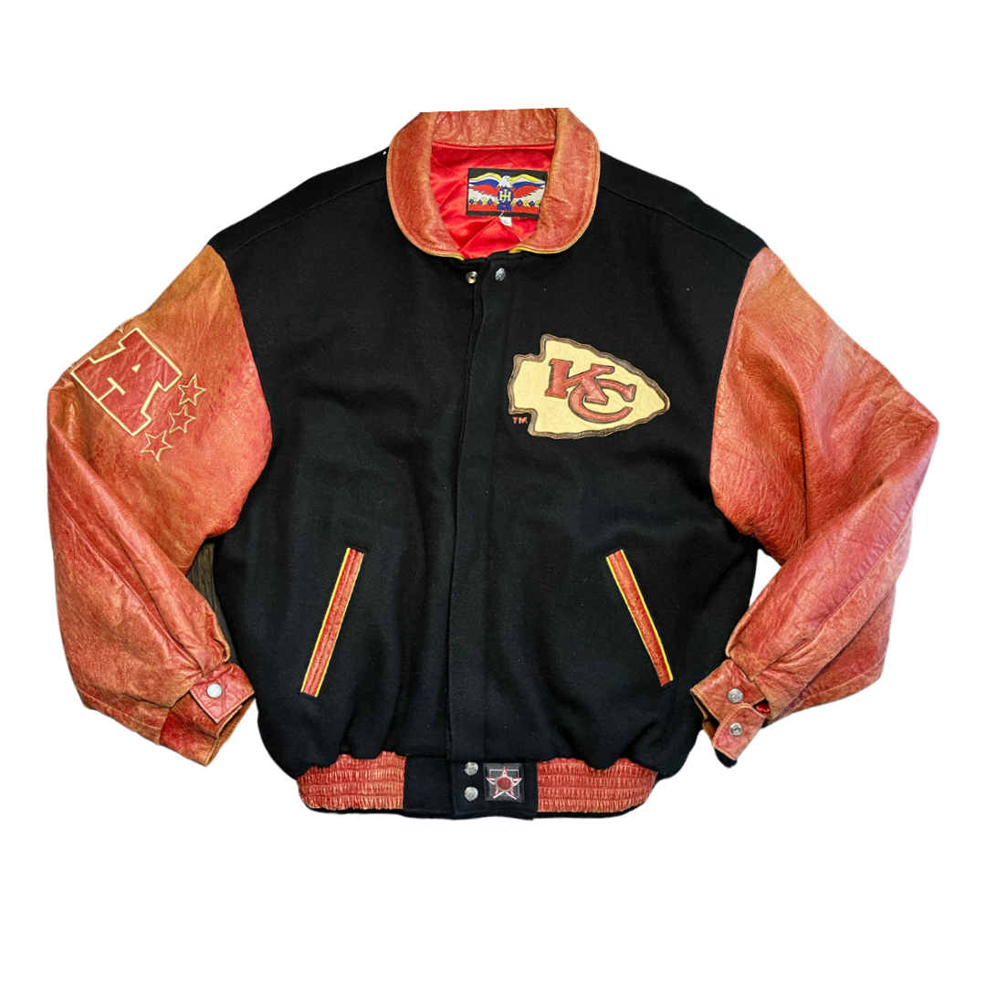 WESTSIDE STOREY VINTAGE | VINTAGE 90S JEFF HAMILTON KC CHIEFS LETTERMAN JACKET - BLACK/RED - Westside Storey