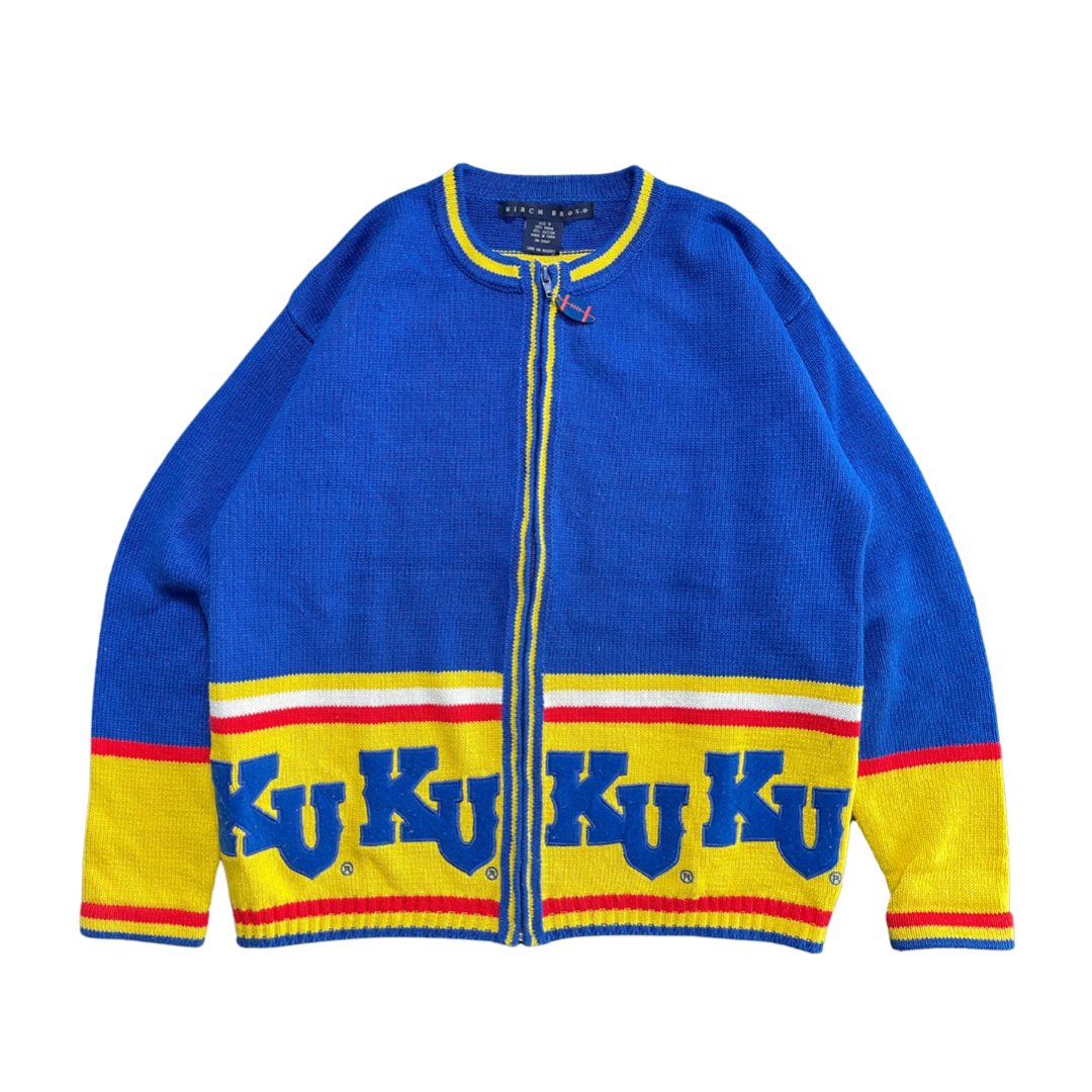 WESTSIDE STOREY VINTAGE | VINTAGE 90S KU JAYHAWKS CARDIGAN BLUE/YELLOW SWEATER - Westside Storey