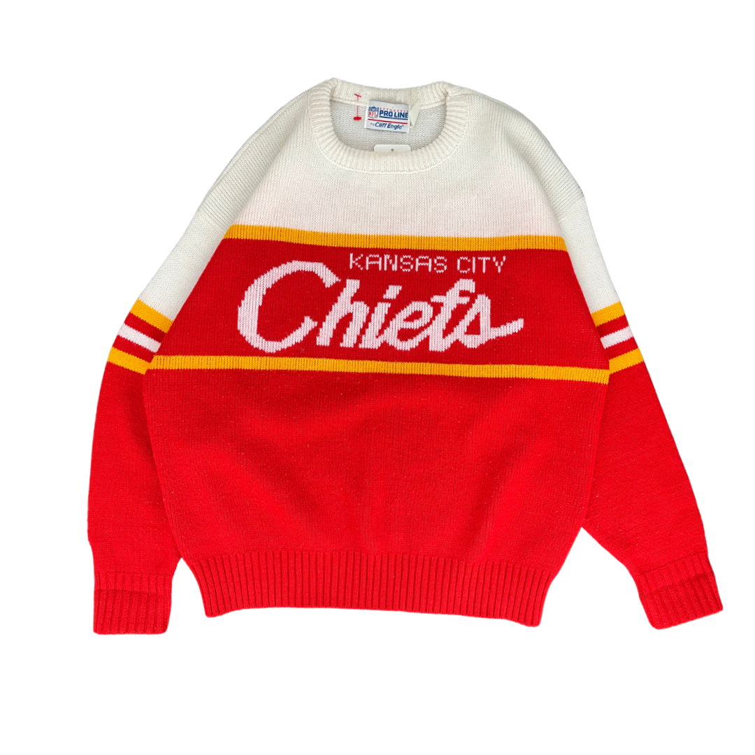 WESTSIDE STOREY VINTAGE | VINTAGE 90S CLIFF ENGLE KC CHIEFS KNIT SWEATER- WHITE/RED - Westside Storey