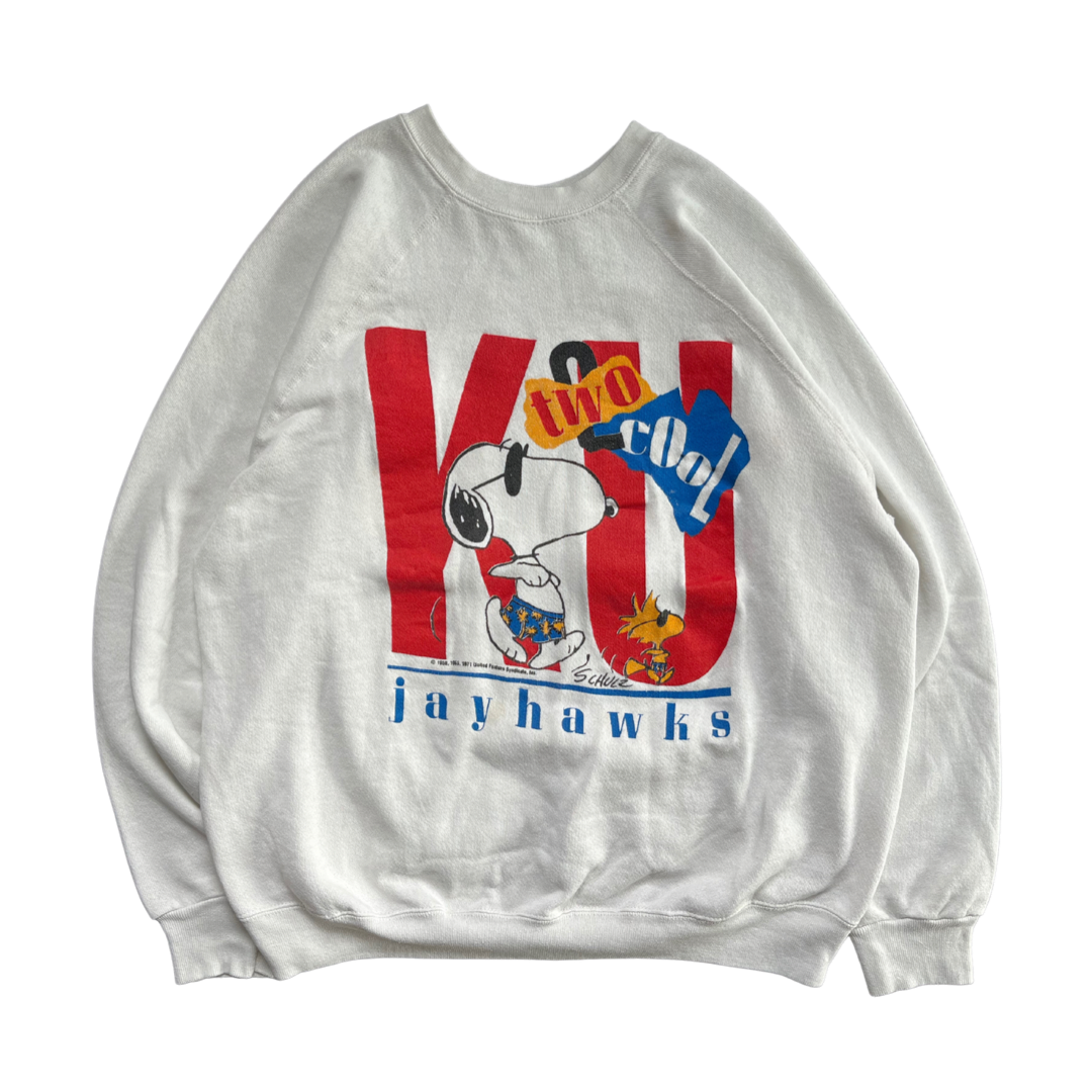 WESTSIDE STOREY VINTAGE | VINTAGE 80S KU JAYHAWKS TWO COOL SNOOPY WHITE SWEATSHIRT - Westside Storey