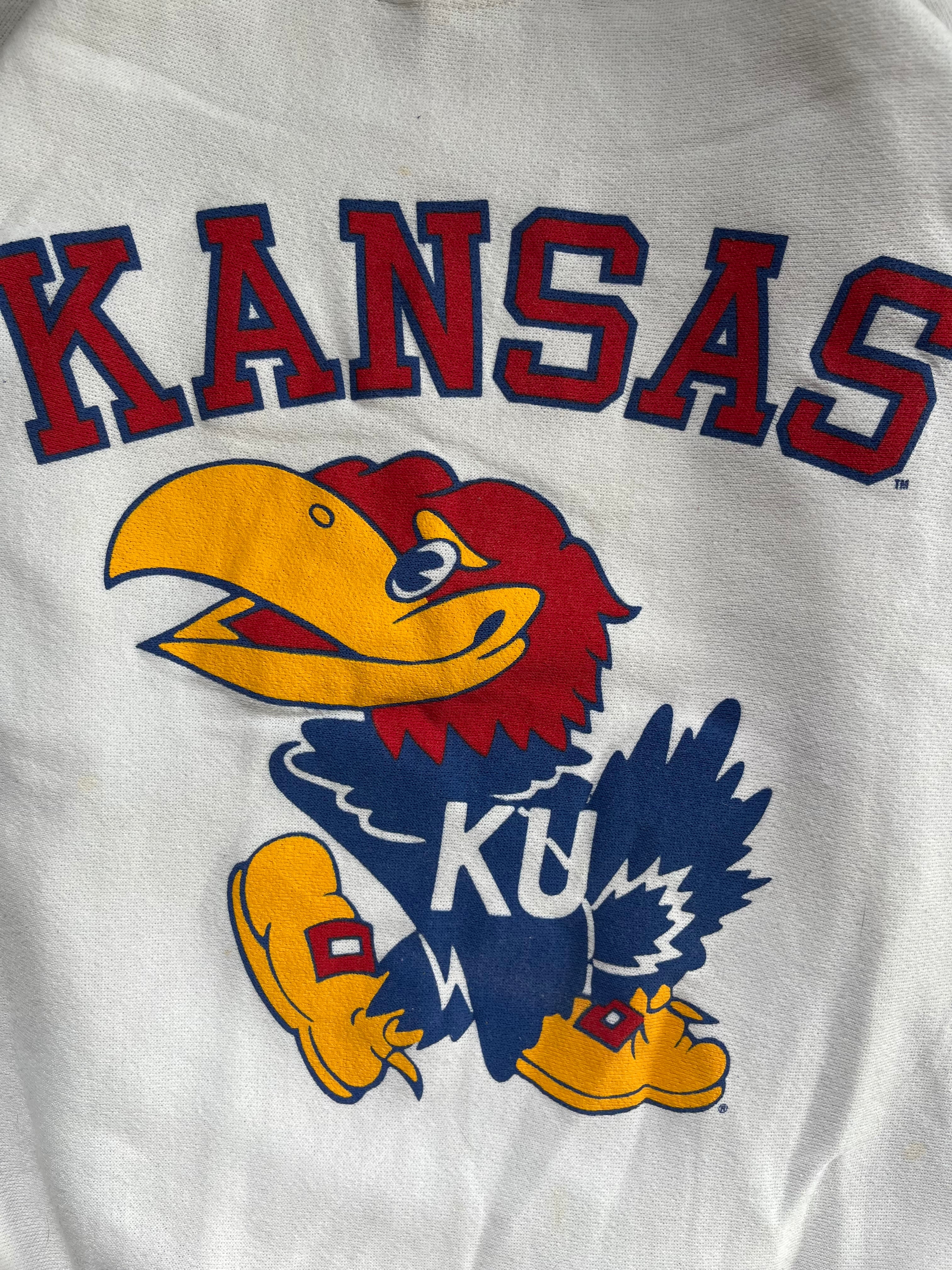 WESTSIDE STOREY VINTAGE | VINTAGE 80S KU JAYHAWKS STRIPED WHITE SWEATSHIRT - Westside Storey