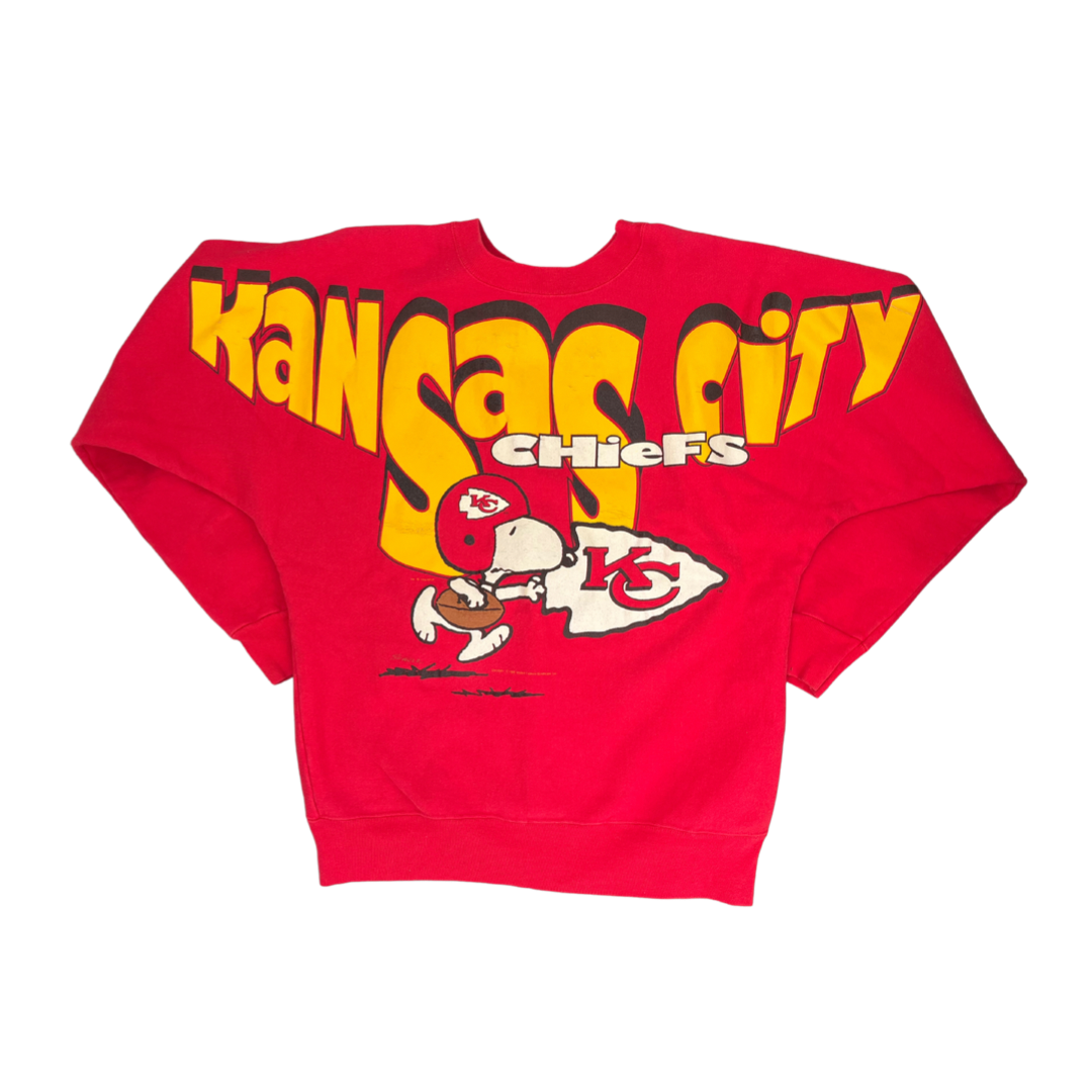WESTSIDE STOREY VINTAGE | VINTAGE 90S AOP RARE SNOOPY SPELLOUT KC CHIEFS SWEATSHIRT- RED - Westside Storey