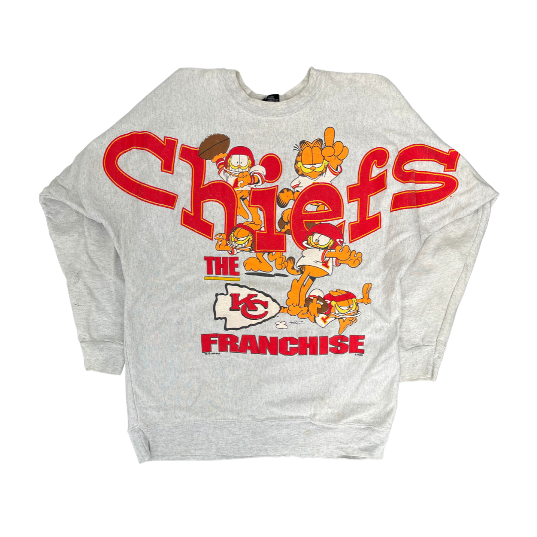 WESTSIDE STOREY VINTAGE | VINTAGE 90S RARE AOP GARFIELD KC CHIEFS SWEATSHIRT- GREY - Westside Storey