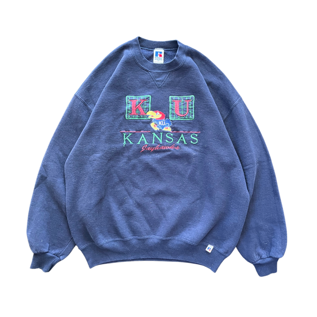 WESTSIDE STOREY VINTAGE | VINTAGE 90S RUSSELL PLAID KU JAYHAWKS EMBROIDERED SWEATSHIRT- NAVY BLUE - Westside Storey