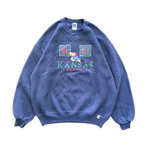 WESTSIDE STOREY VINTAGE | VINTAGE 90S RUSSELL PLAID KU JAYHAWKS EMBROIDERED SWEATSHIRT- NAVY BLUE - Westside Storey