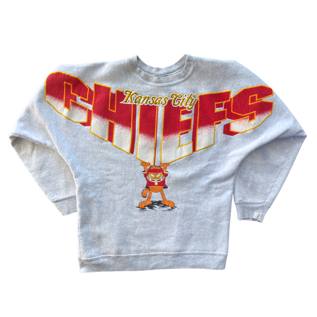 WESTSIDE STOREY VINTAGE | VINTAGE 90S GARFIELD SPELLOUT KC CHIEFS SWEATSHIRT - GRAY - Westside Storey