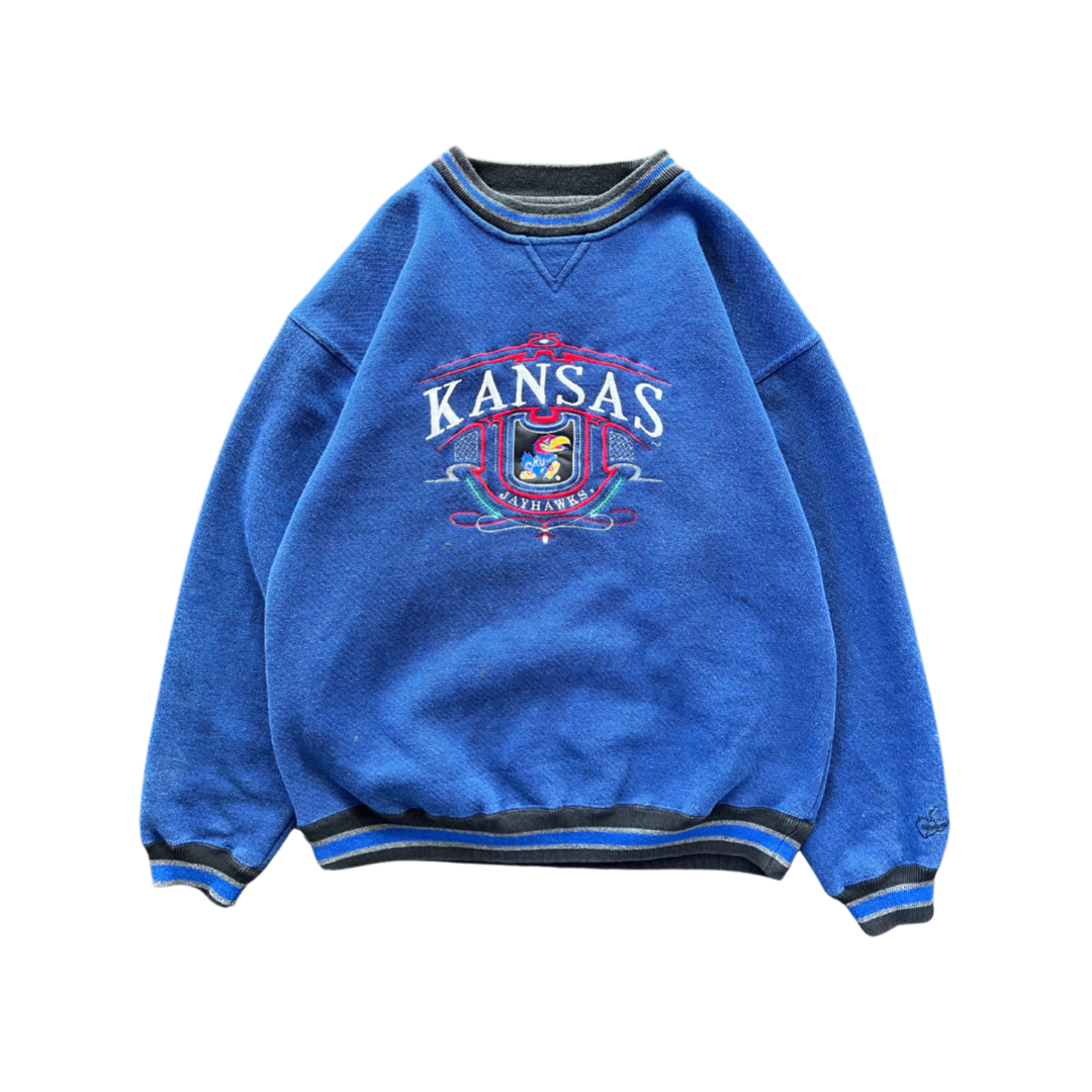 WESTSIDE STOREY VINTAGE | VINTAGE 90S KANSAS JAYHAWKS SPECKLE EMBROIDERED KU SWEATSHIRT- BLUE - Westside Storey