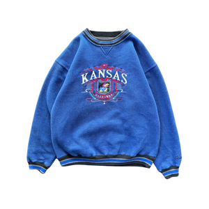 WESTSIDE STOREY VINTAGE | VINTAGE 90S KANSAS JAYHAWKS SPECKLE EMBROIDERED KU SWEATSHIRT- BLUE - Westside Storey