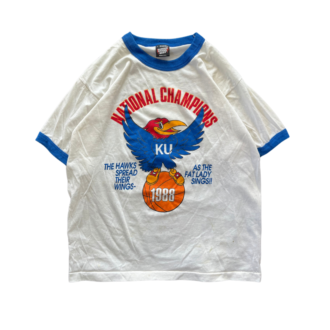 WESTSIDE STOREY VINTAGE | VINTAGE 80S NATIONAL CHAMPS KANSAS JAYHAWKS KU RINGER T-SHIRT- WHITE - Westside Storey