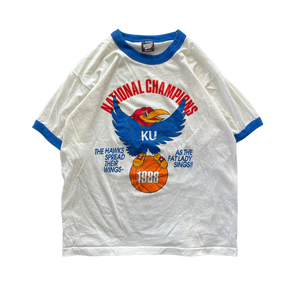 WESTSIDE STOREY VINTAGE | VINTAGE 80S NATIONAL CHAMPS KANSAS JAYHAWKS KU RINGER T-SHIRT- WHITE - Westside Storey