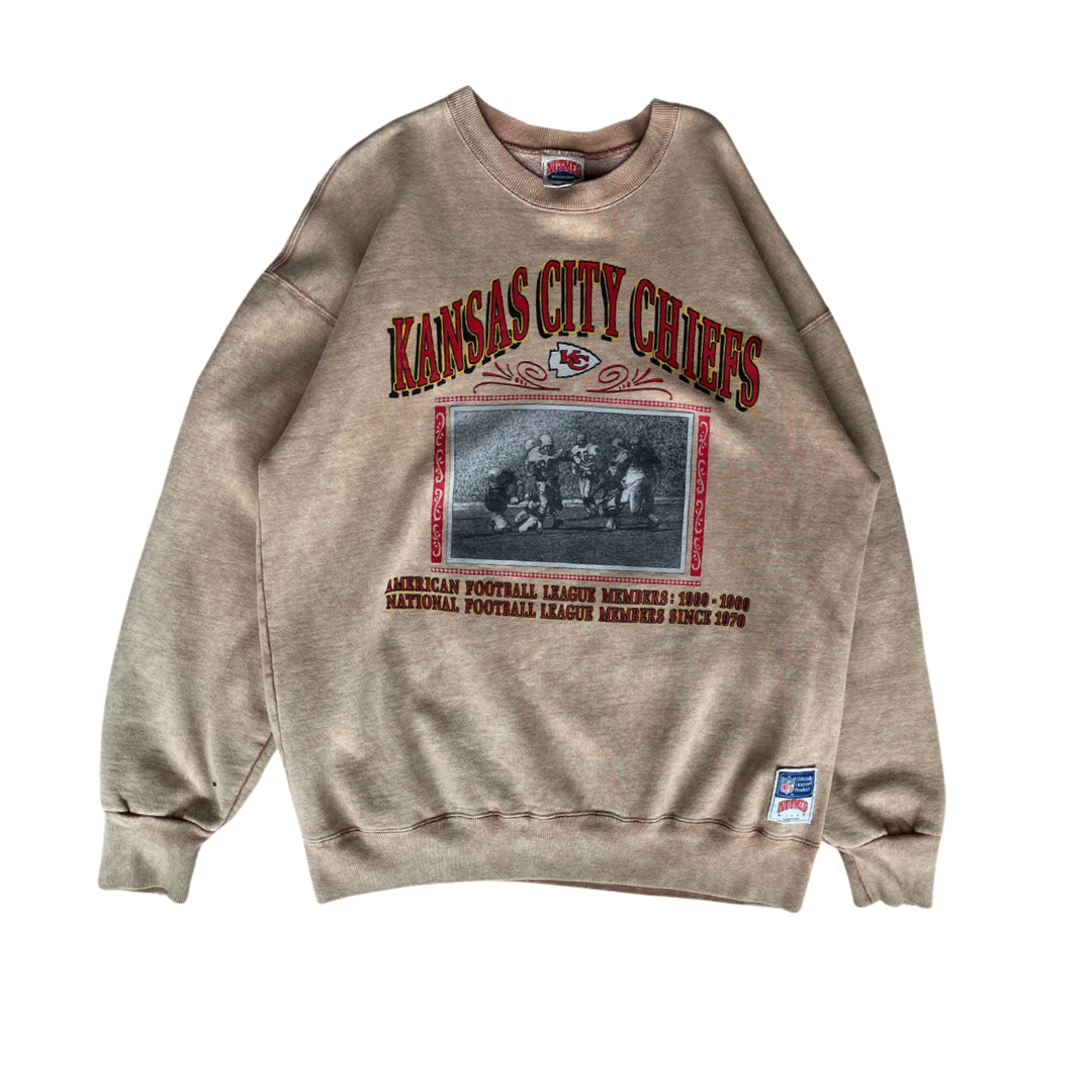 WESTSIDE STOREY VINTAGE | VINTAGE 90S NUTMEG CRAZY FADED ACID WASH KC CHIEFS THROWBACK SWEATSHIRT - Westside Storey