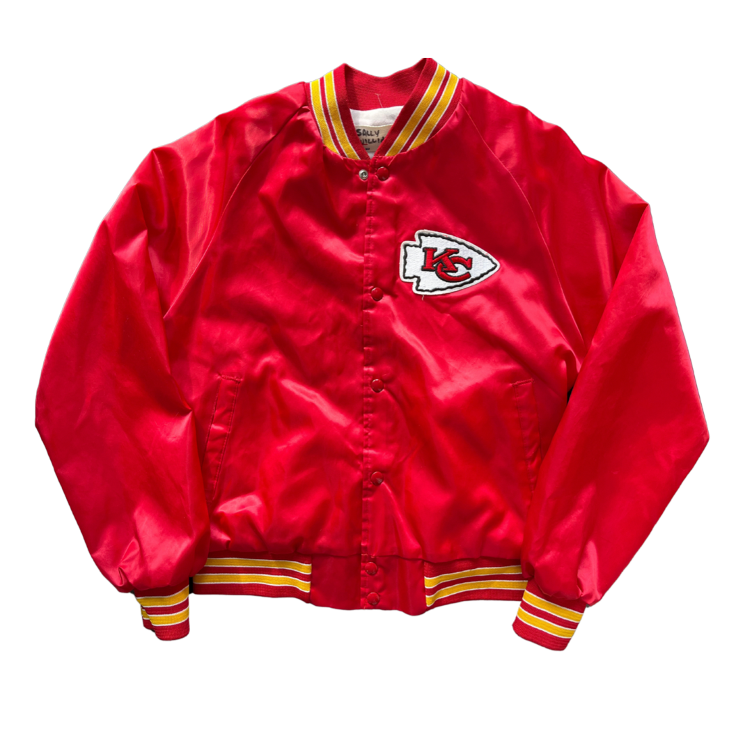 WESTSIDE STOREY VINTAGE | VINTAGE 90S SPELLOUT BACK KC CHIEFS SATIN BOMBER RARE- RED - Westside Storey