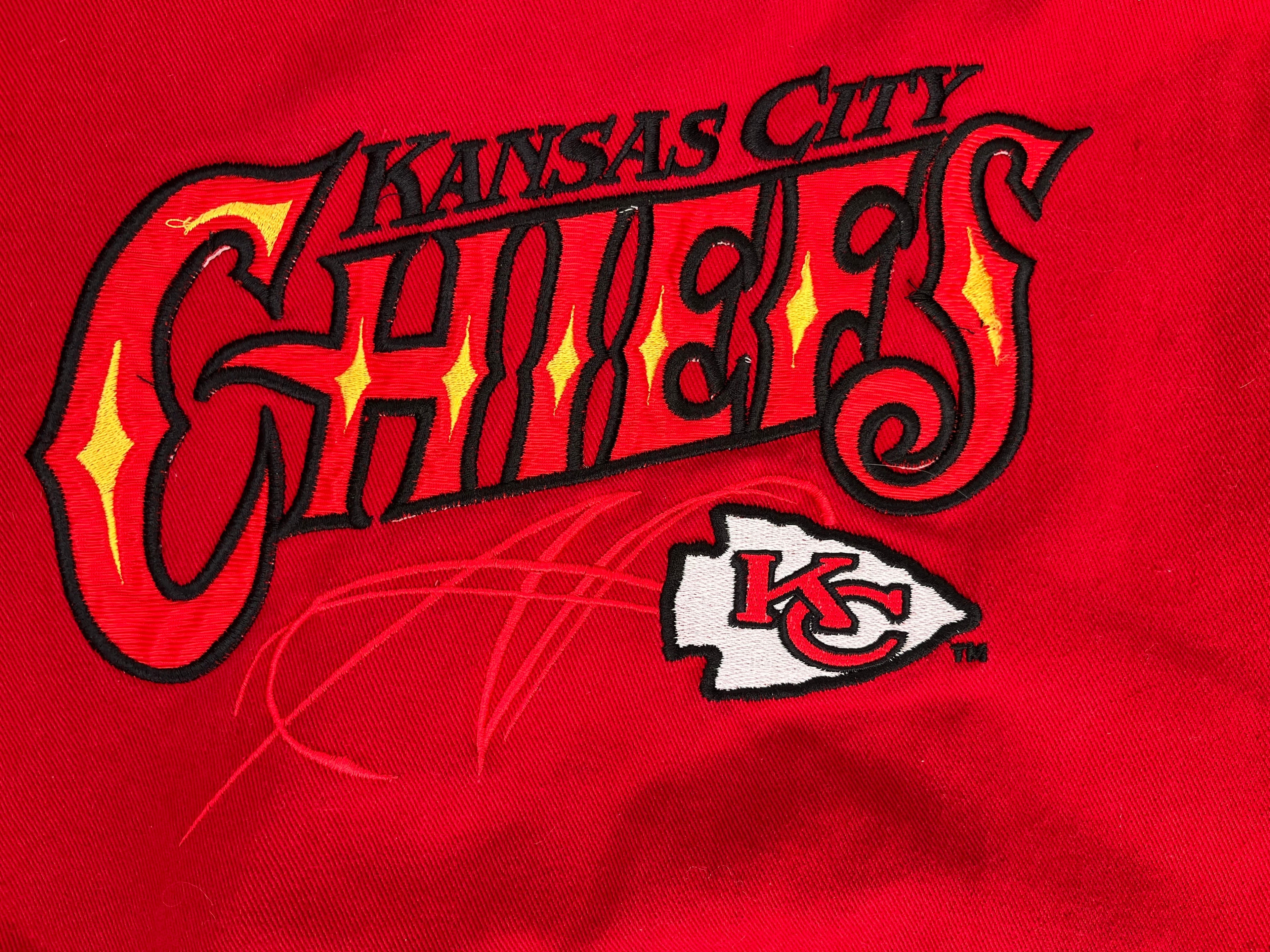 WESTSIDE STOREY VINTAGE | VINTAGE 90S PROLITE DENIM KC CHIEFS JACKET- RED - Westside Storey