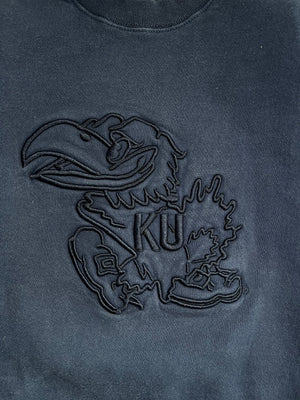 WESTSIDE STOREY VINTAGE | VINTAGE 90S KU JAYHAWKS EMBOSSED NAVY SWEATSHIRT - Westside Storey